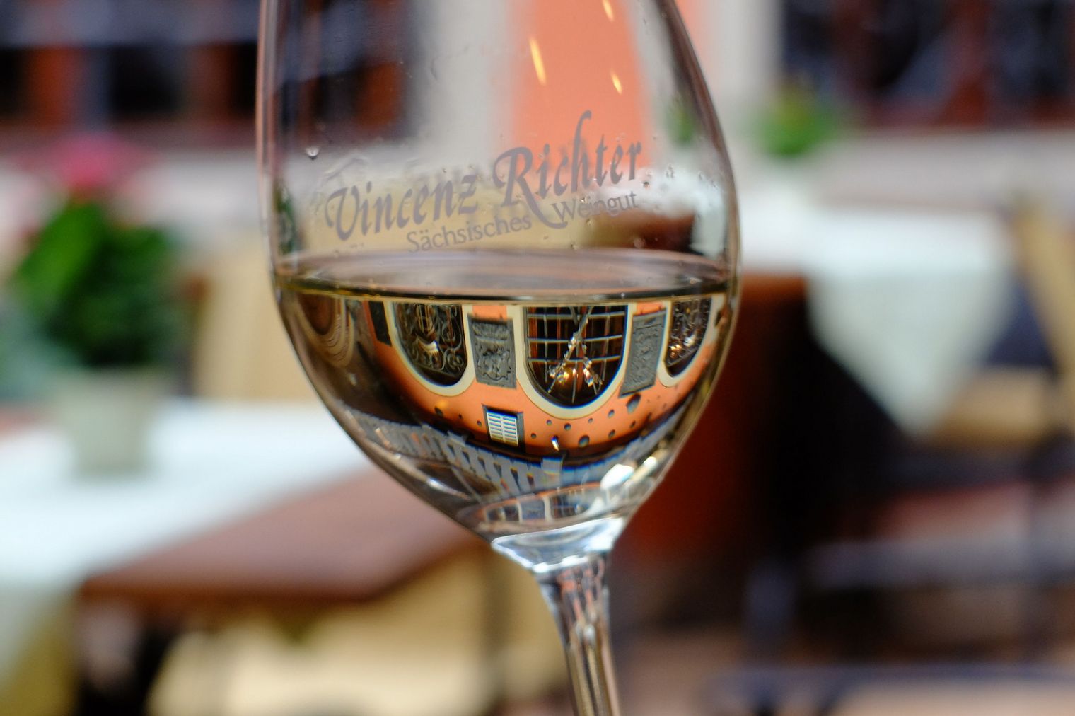 Weinglas mit Wein und Aufschrift "Vincenz Richter"