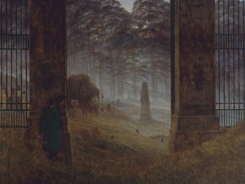 Painted picture of a graveyard with a tall gate by Caspar David Friedrich
